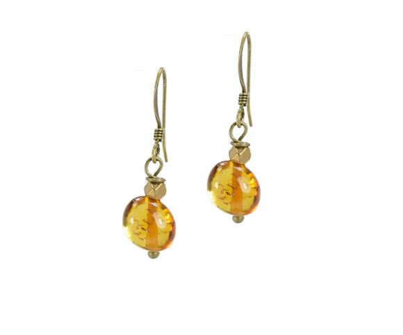 Smooth Baltic Amber Droplet Earrings with Faceted Brass Bead - Edgy Petal Jewelry