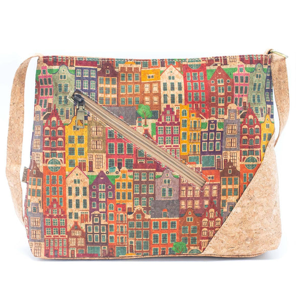 F Natural Cork Shoulder Bag with Front Zipper Pocket and Mosai - Meninas Bonitas Cork