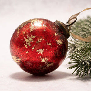 Red With Gold Foil Crackle Glass Ball - 3" Large  - Bollywood Christmas