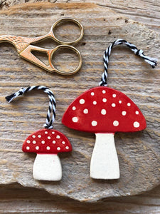 Red Mushroom Holiday Ornament Pair - Handmade  - Tasha McKelvey