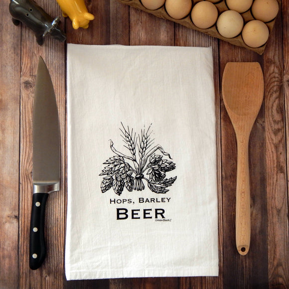 Hops, Barley, Beer Flour Sack Tea Towel - Green Bee Tea Towels