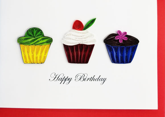Iconic Quilling - 3 Cupcakes Happy Birthday Card - Aubergine 