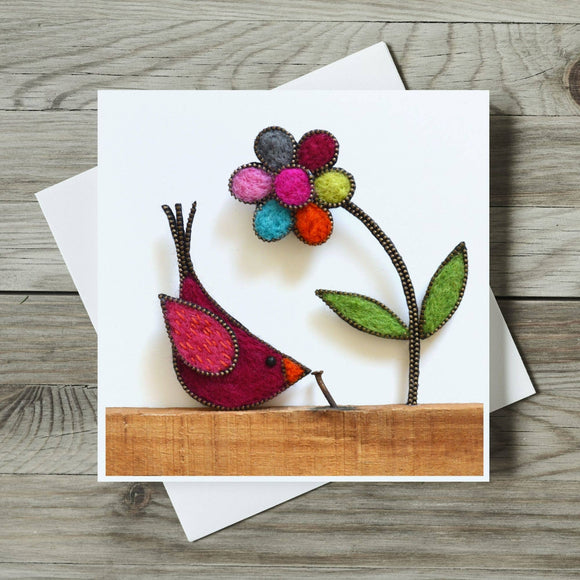 Breakfast Early Bird and Flowers blank greetings card - Nicky Brier Designs