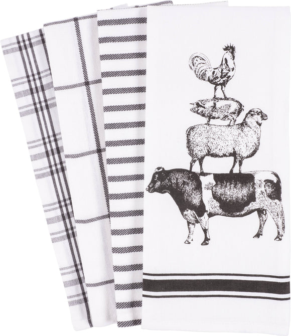 Stacked farm animals Print and Yarn dyed towels Set of 4 - 18