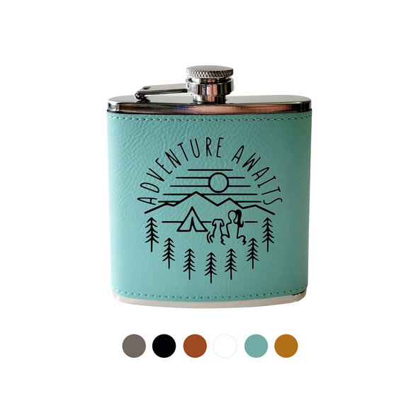 Adventure awaits Mountains Woman with Dog - Flask- Beckman Design